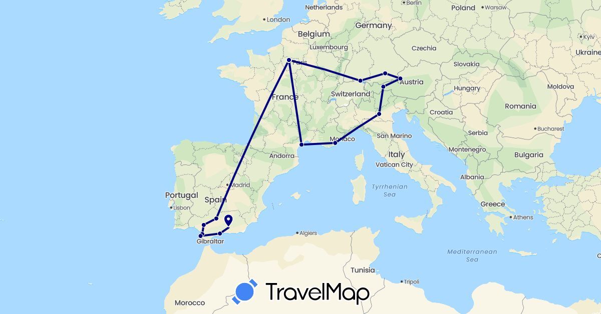 TravelMap itinerary: driving in Austria, Germany, Spain, France, Italy (Europe)